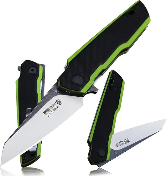 7.8in Folding Pocket Knife with D2 Steel Blade, G10 Handle, Ball Bearing Pivot, Stonewashed Finish – Outdoor EDC Utility Tool for Camping, Hiking, Survival Use(G10 - Black/Green)