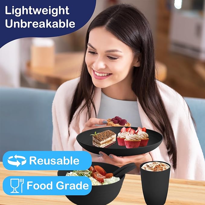 Wheat Straw Dinnerware Sets, Unbreakable Plates and Bowls Sets 20-Piece Service for 4,Plastic Outdoor Camping Dishes, Microwave & Dishwasher Safe - Black