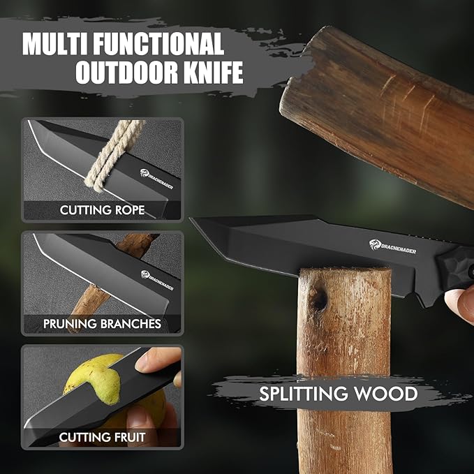 Tanto Fixed Blade Knife with Sheath, Tactical Knife for Men Survival Full Tang Design (E-Full Black)