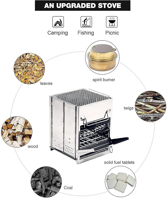 REDCAMP Wood Portable Burning Folding Camp Stove Stainless Steel Grid, Collapsible Backpacking Stove Survival Rocket Stove for Hiking Outdoor Tent Camping Picnic BBQ, Large