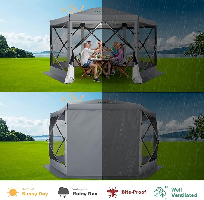 COBIZI 12x12 Pop up Gazebo Screen House Tent for Camping, Outdoor Canopy with Removable Roof&Mosquito Netting, Portable Hub with Carrying Bag and Ground Stakes, Grey