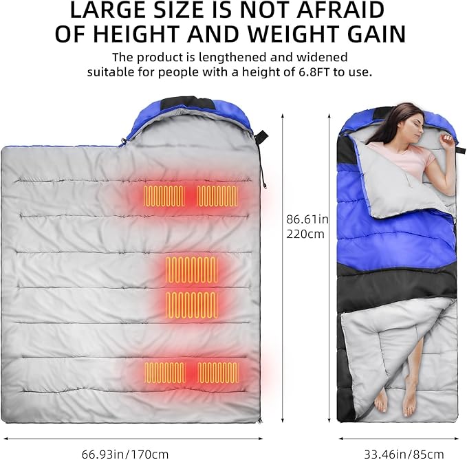 Heated Sleeping Bags for Adults Cold Weather, 6pcs Heating Areas Sleeping Bags with 30000mAh 12V Battery Pack, 3 Adjustable Heating Levels Cold Weather Sleeping Bag for All Season Hiking and Camping