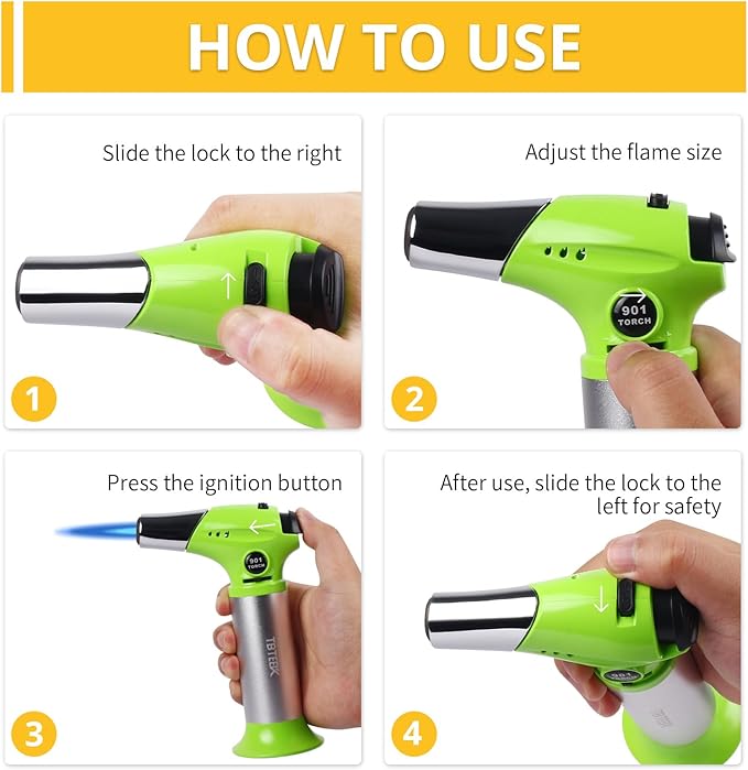 TBTEEK Butane Torch T901, Kitchen Torch Cooking Torch with Safety Lock & Adjustable Flame for Cooking, BBQ, Baking, Brulee, Creme, DIY Soldering(Butane Not Included), Green