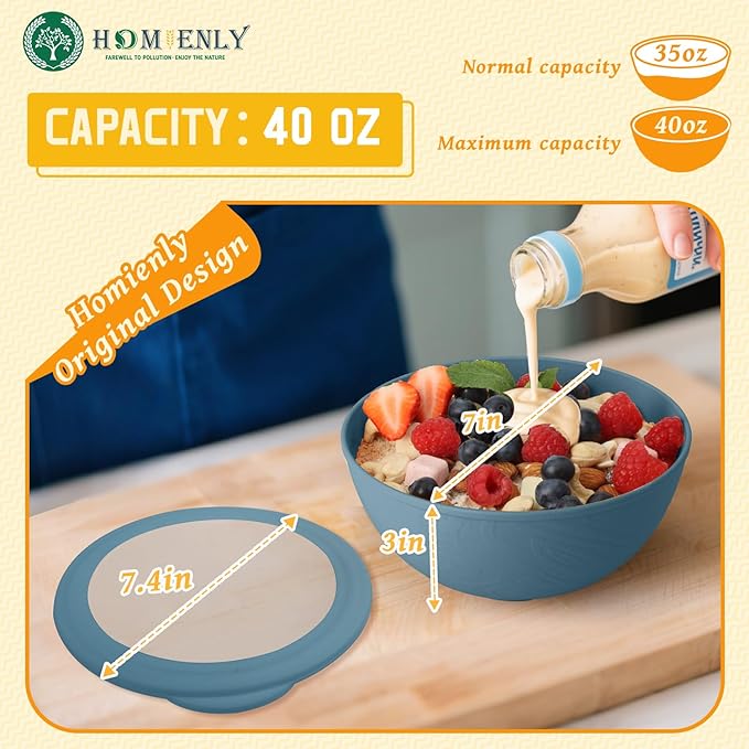 Homienly Bowls for Kitchen, Wheat Straw Bowls with Lids, Salad Container for Lunch, Unbreakable Microwave and Dishwasher Safe 40 OZ Large Bowl for Soup, Cereal, Ramen, RV, Camping, College Dorm, Blue