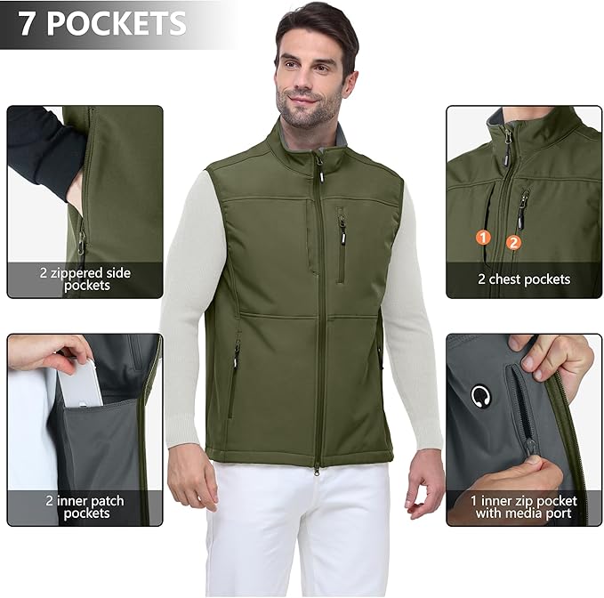 Outdoor Ventures Men's Running Vest Outerwear, Lightweight Windproof Fleece-Lined Softshell Sleeveless Jacket for Golf