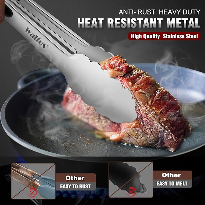 Walfos Kitchen Small Tongs - 7 inch Heavy Duty Mini Food Tongs, Stainless Steel and Non-Slip Heat Resistant Handle - Great for Cooking, Salad, Grilling and Barbecue,3 Piece