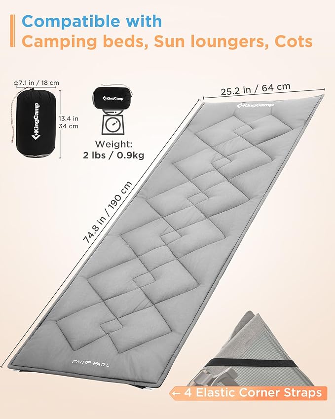 KingCamp Cot Mattress, Portable Lightweight Camping Sleeping Mat Soft Comfortable Non-Slip Cot Pad for Camp Cot, RV Bunk & Twin Beds