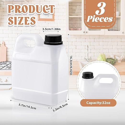 3 Pcs 32 oz Plastic Jug with Lids Square Empty Storage Containers HDPE Carboy Plastic Jar Containers for Water Beverage Oil Liquids (Translucent Color)