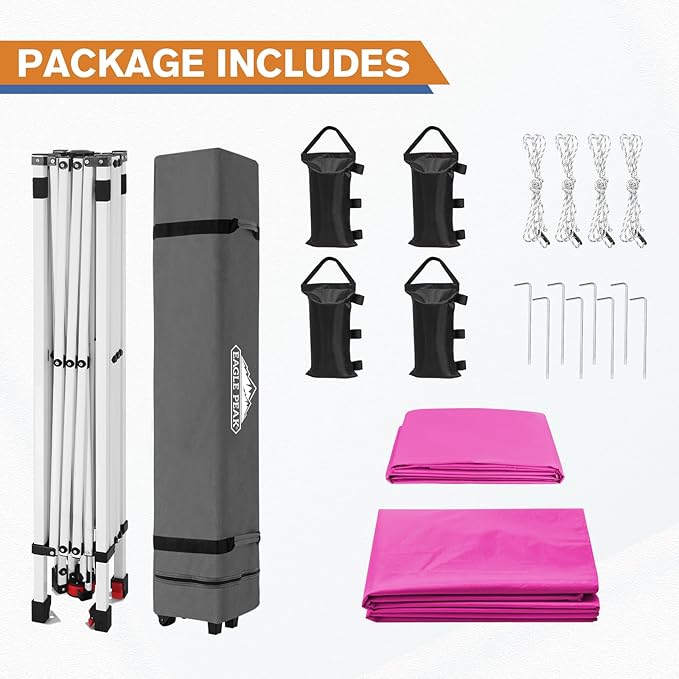 EAGLE PEAK Pop Up Canopy Tent with 1 Sidewall, Easy Setup Event Tent, Outdoor Sun Shade, Wheeled Carry Bag, Stakes and Guy Ropes, Instant Canopy 10x10, Pink