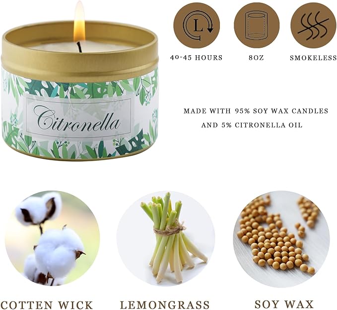 HUANXI Scented Candle Set 4 Pack Citronella Candles, Insect Moskito Repellent Candles for Outdoor Indoor, 32 Oz Travel Tin Jar Candles for Home, for Camping Fishing Garden Patio Yard Balcony Party