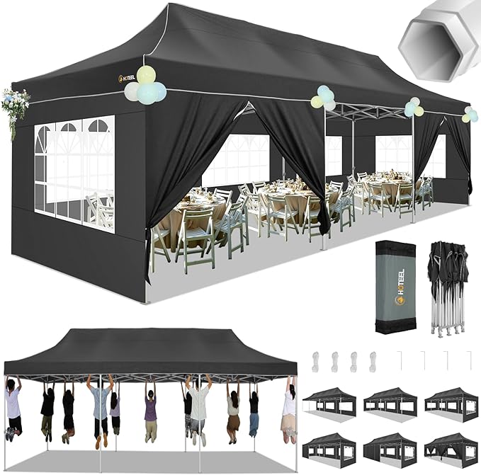 HOTEEL Tents for Parties 10x30 Pop Up Canopy Tent Heavy Duty with 8 Sidewalls, Commercial Party Tent Event Wedding Instant Canopy Waterproof with Carry Bag, UV 50+, Thicked Hexagonal Legs, Black