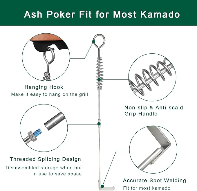 18” BBQ Ash Removal Tool and Ash Pan for Big Green Egg Accessories, Stainless Steel Ash Tool Poker for BGE Primo and Other Charcoal Kamado Stove(at+AP)