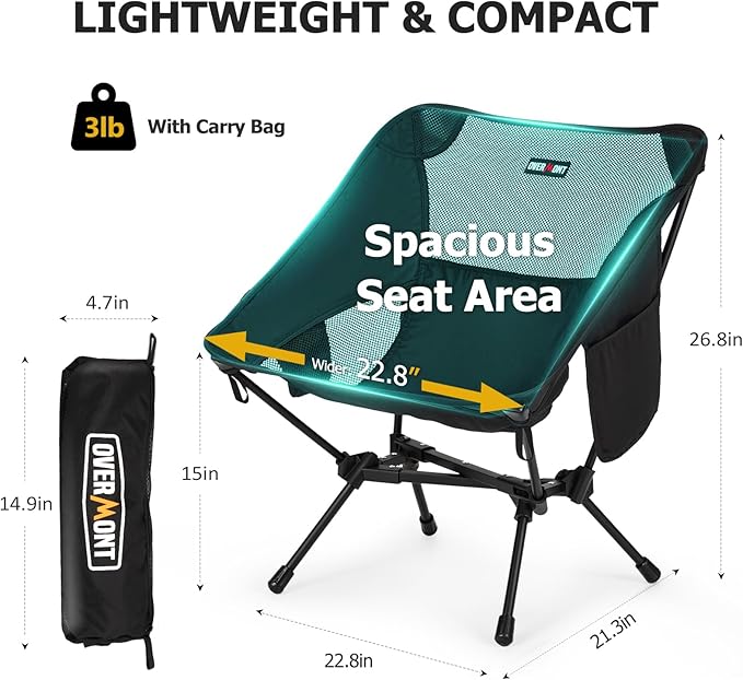 Overmont Ultralight Portable Camping Chair- Lightweight Folding Backpacking Chair, Support up to 330Lbs Compact Beach Chair for Adults with Carry Bag for Backpack Hiking Fishing Outdoor Camp Travel