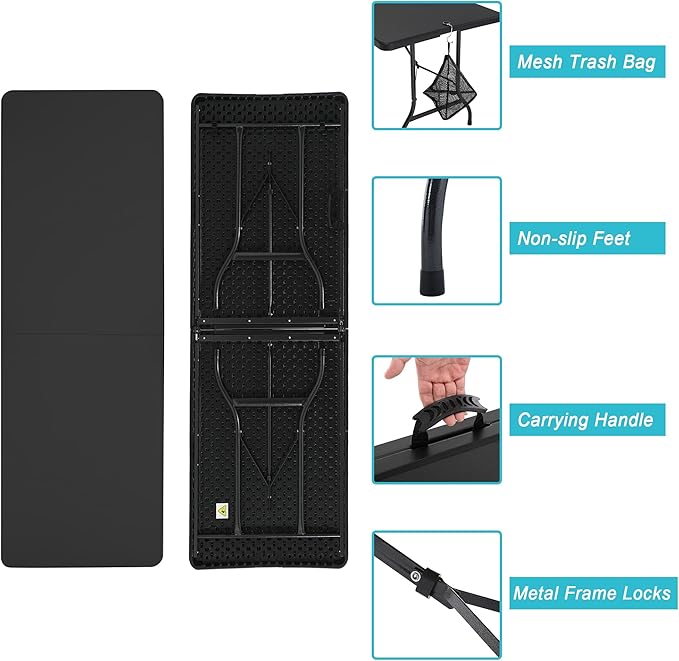 VECELO 6Ft Plastic Folding Table, Indoor Outdoor Portable Picnic Foldable Desk with Handle, Mesh Trash Bag&Lock Legs Heavy Duty for Camping,Dining&Party,Jet Black