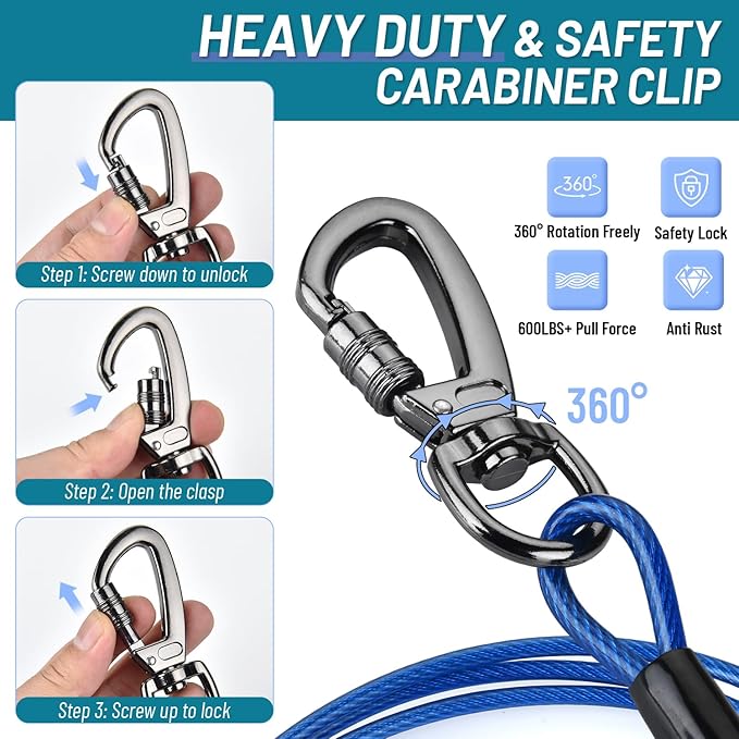 Dog Runner for Yard, Heavy Duty 75FT Dog Runs for Outside with 10FT Tie Out Cable, Trolley System Zipline for Large Dogs Up to 250lbs, Chew Proof Run Cable for Camping