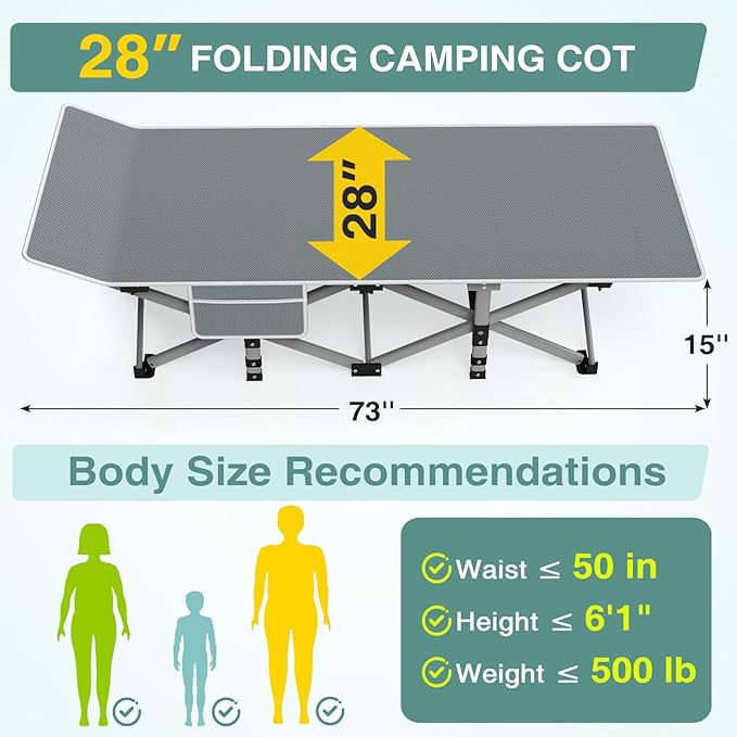ZENPETIO 28In Folding Camping Cot for Adult, Portable Sleeping Cot with Mattress, Outdoor Heavy Duty Cot Bed for Camp with Carry Bag for Home, Office, Camp, Travel, Vacation(Max Loading 500lbs)
