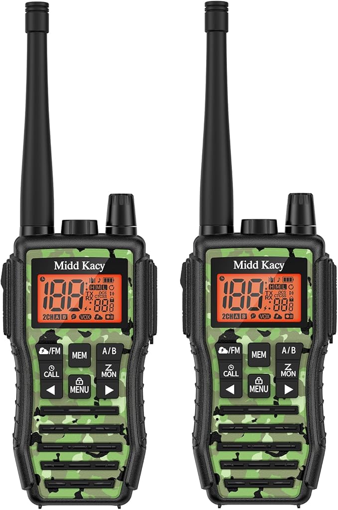 Midd Kacy MK208 Camo Walkie Talkie - Long Range walkie talkies - 61 Channels Gmrs Handheld Radio -121 Privacy Codes,New Flashlight,SOS Siren,NOAA Weather Alerts & Scan - Camouflage,2 Pack