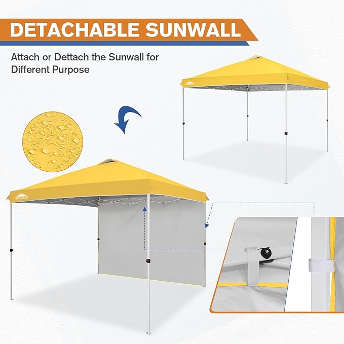 EAGLE PEAK Pop Up Canopy Tent with 1 Sidewall, Easy Setup Event Tent, Outdoor Sun Shade, Wheeled Carry Bag, Stakes and Guy Ropes, Instant Canopy 10x10, Yellow