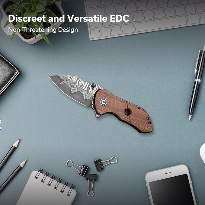 CIVIVI Gordo Folding Pocket Knife for EDC, Small Flipper Knife with 2.51" Damascus Blade Guibourtia Wood Handle, Utility Knife for Men Women Gift C22018C-DS1
