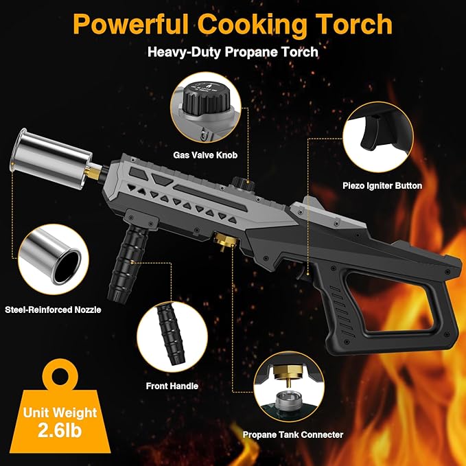 Sondiko Powerful Cooking Propane Torch Gun, Culinary Torch Campfire Starter, Adjustable Weed Torch Burner for Searing Steak, BBQ, Welding (Gray & Black) Propane Tank Not Included