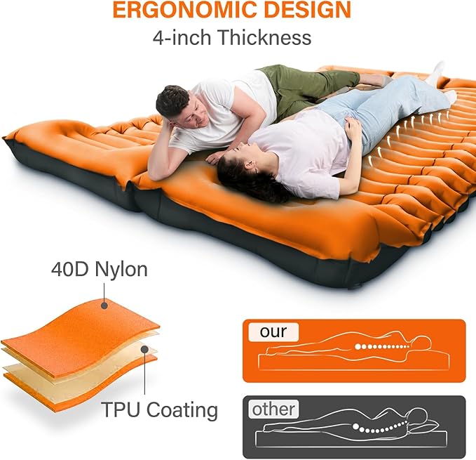 Double Size Camping Sleeping Pad - 4 Inch Self Inflating Air Mattress for Couples, Built-in Foot Pump & Pillow, Extra Thick Waterproof Sleeping Mat for Tent, Outdoor Travel—Orange
