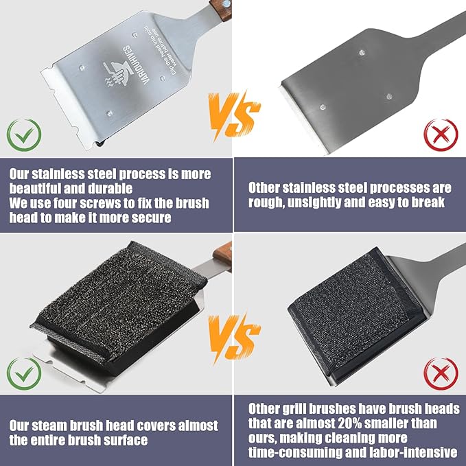 Grill Brush Bristle-Free Stainless Steel Safely Steam Grill Cleaner for Outdoor Grill Larger Brush Head Design,Wood Handle with 1 Replacement Head,All Types of Grills Ideal Gift for Dads