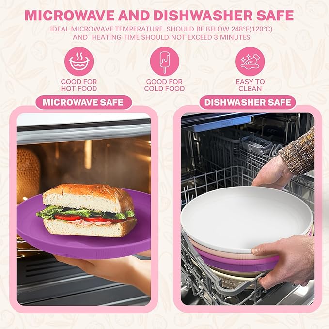 Homienly Dessert Plates, Premium Wheat Straw Plate Set, 9 Inch Plastic Plate Reusable - Microwave & Dishwasher Safe Plates for Party, Camping, RV, 4 PCS, Kitchen Essentials, Unbreakable - Flower Color