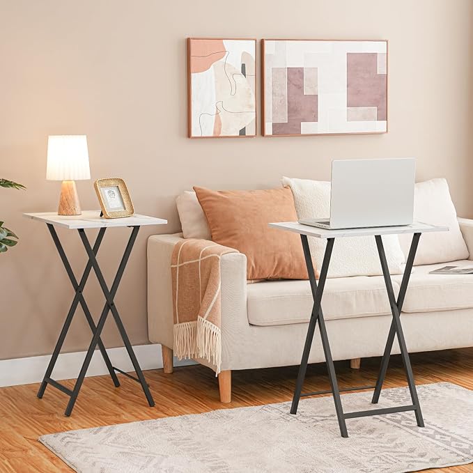 HOOBRO Folding TV Tray Tables, Set of 2 Stable Snack Table for Small Space, Portable Sofa Side Table, Easy Assembly and Storage, Ideal for Snacks and Meals in Living Room, Marble and Black BW25BZ01
