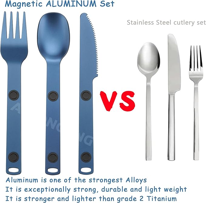 Magnetic Camping Utensil Set, Travel Cutlery Set, Knife, Fork & Spoon, Flatware Utensils for Camping, Cooking, and Outdoor Dining, 3-Pack, Blue