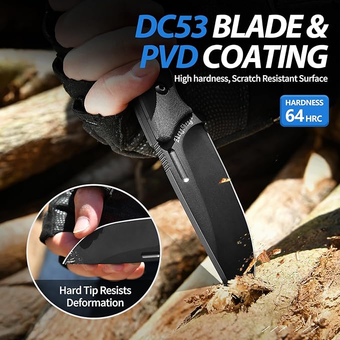Fixed Blade Knife with Sheath, 3.2” DC53 Steel blade with Black Titanium Coating and G10 Handle Full Tang Outdoor Camping Hiking Survival Knives for Men Women