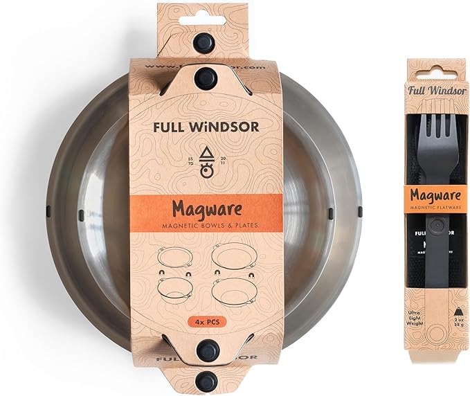 FULL WiNDSOR - MAGWARE -Magnetic Bowls and Plates (4PCS) & Magnetic Cutlery Set (3PCS), Portable Knife, Fork & Spoon with Case, Reusable Travel Dinnerware, Outdoor Utensil for Camping, and Backpacking
