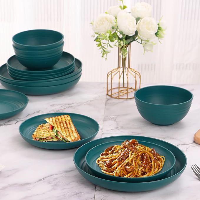 Green Unbreakable Plates and Bowls Sets Microwave and Dishwasher Safe,Dark Green Dinnerware Sets for 8,Christmas Reusable Plastic Dishes Set Lightweight for Kids Elderly Kitchen Adults Camping Outdoor