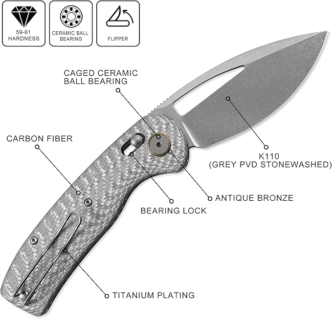 Petrified fish PFP13 Viper Folding Knife,3.5" K110 Steel Stonewashed Blade Carbon Fiber Handle Pocket Knife for Camping EDC Outdoor (White Stonewashed)