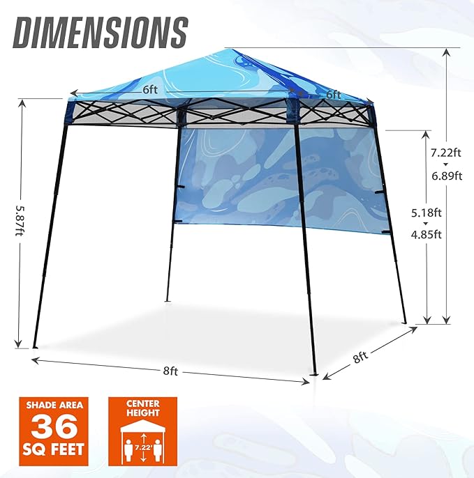 EAGLE PEAK 8x8 Pop Up Canopy Tent with Sidewall, Compact, Portable Slant Leg Instant Sun Shelter for Beach, Sports, & Camping, 8x8 Base 6x6 Top, Blue Abstract