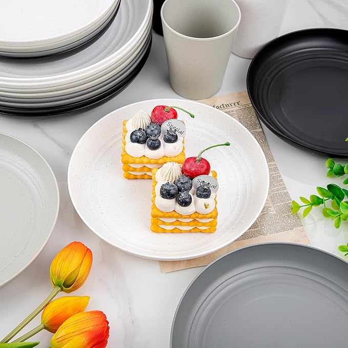 Supernal 32pcs Wheat Straw Dinnerware Sets,Plates and Bowls Sets,Reusable Plastic Plate,Microwave Dishwasher Safe,Plastic Dinnerware Set,Four Color Set 16pcs Plates,8pcs Bowls,8pcs Cups