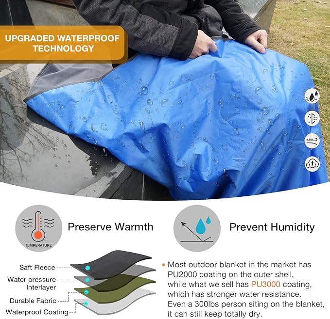 DUKUSEEK Outdoor Waterproof Stadium Blanket, XL Large (79x56) Hooded Stadium Blankets with Fleece,Portable,Warm Outside Blankets for Cold Weather, Camping, Sports, Beach, Football, Festivalsβ¦
