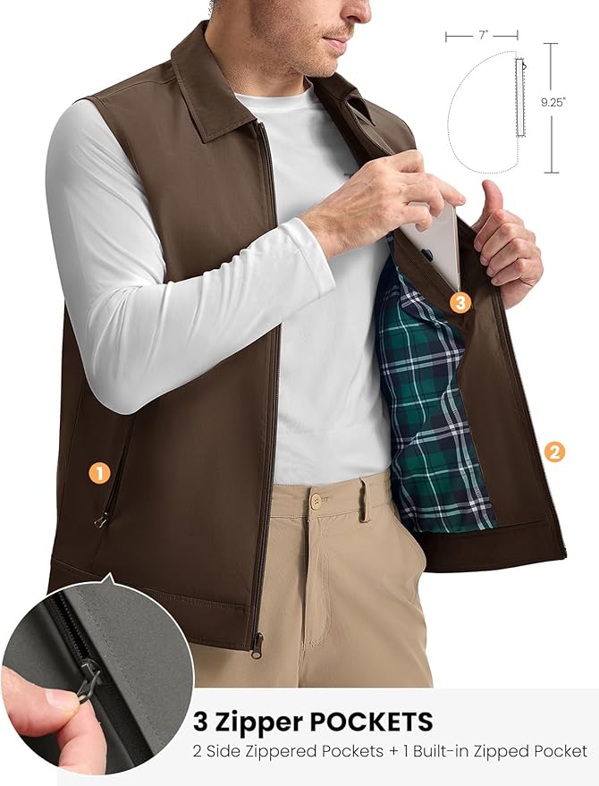 TBMPOY Men's Vest Casual Lightweight Thin Utility 3 Zip Pockets Stylish Sleeveless Jackets Summer Fall Golf Travel Business