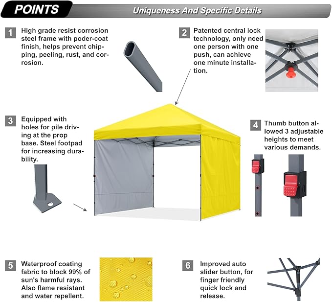 ABCCANOPY Pop up Canopy Tent with 2 Sidewalls for Outdoor Sun Blocking or Rain Protection,10x10, Yellow