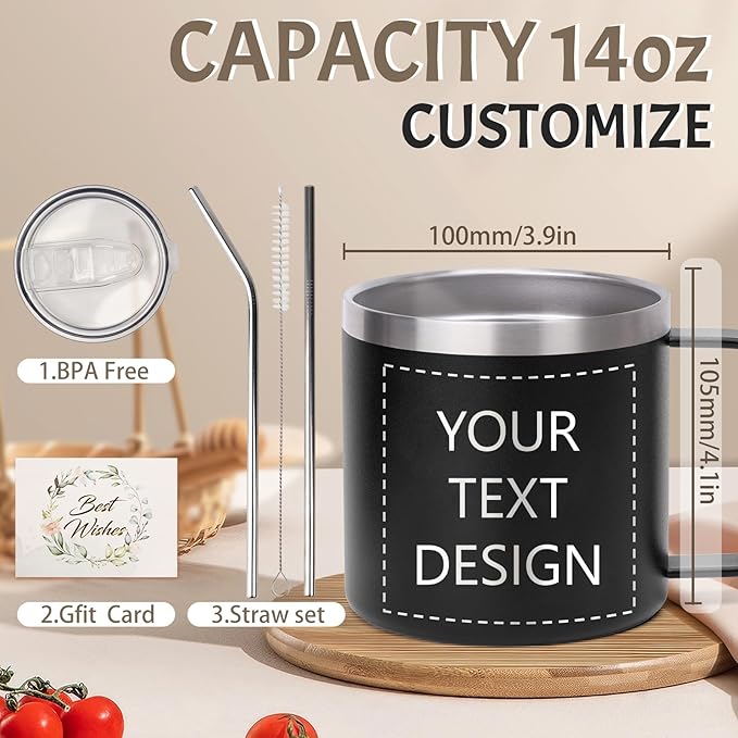 Custom Insulated Coffee Tumbler, Personalized Travel Coffee Mug with Handle and Lid, 14oz Engraved Stainless Steel Coffee Mug, Personalized Gifts for Women Men and Friends