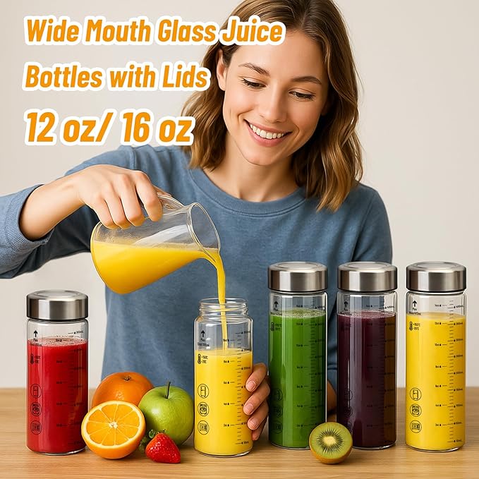 12oz Glass Water Bottles with Lids, 6 Pack Reusable Wide Mouth Juice Bottles with Stainless Steel Caps, Leakproof Borosilicate Glass for Juicing, Smoothies & Storage, BPA-Free,Dishwasher Safe
