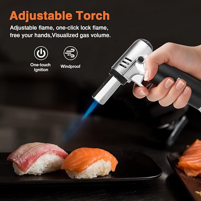 Butane Torch Lighter Refillable with Adjustable Flame Kitchen Torch for Creme Brulee Baking BBQ Cooking Soldering One Hand Operation with Fuel Window Safety Lock (Butane Gas Not Included)