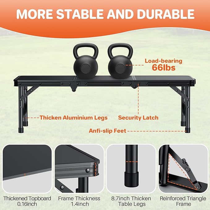 FUNYKICH 3ft Low Folding Picnic Table(34.2''x15.7''x10.3''), Thicker Aluminum Legs Beach Table with Handle & Carry Bag, Lightweight Small Camping Table for Picnic Beach Camping Party, Black