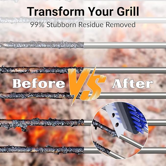 Nylon Bristle Grill Brush for BBQ - Heavy Duty Grill Cleaning Kit with Scraper, Safe for All Grill Types - Non-Scratch Bristles & Long Plastic Handle - Outdoor Barbecue Brushes 2-Piece Set
