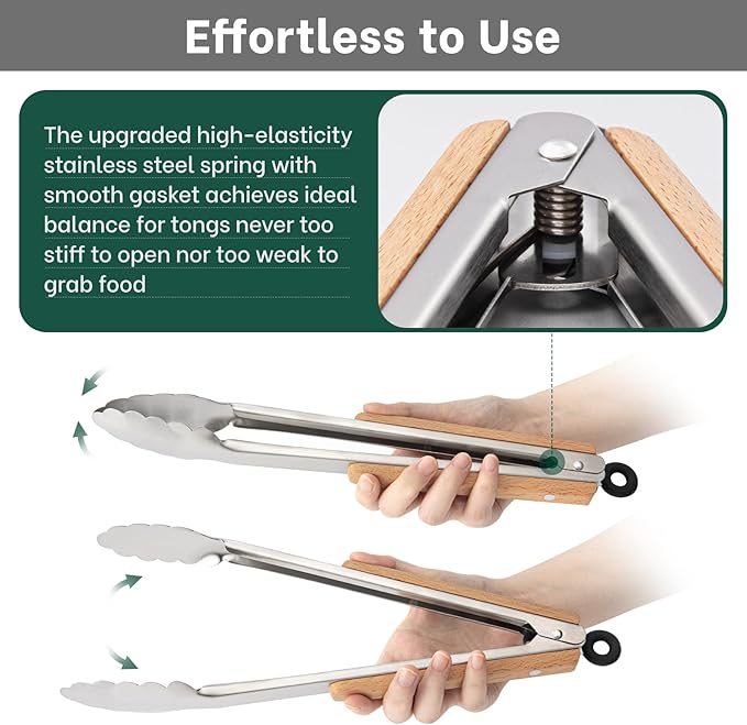 Beneno Tongs for Cooking, Food-Grade Stainless Steel Kitchen Tongs 12-Inch with Ergonomic Heat-Insulating Wooden Grip & Non-Slip Scalloped Tips, Sturdy Locking Metal Tong for Cooking, Grill