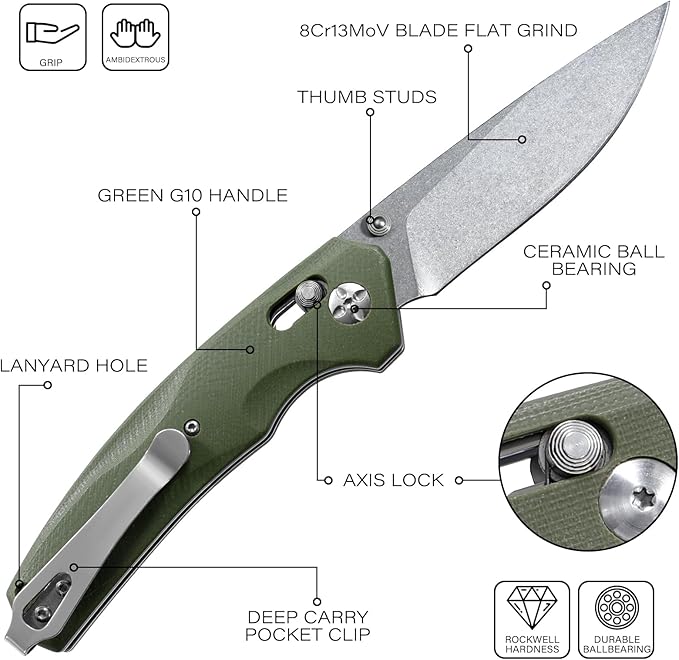 Axis Lock Folding Pocket Knife with Clip, 3.44" 8Cr13MoV Steel Drop Point Blade and G10 Handle, Crossbar Lock Knives for Men Women Camping Hiking Survival Pocketknife