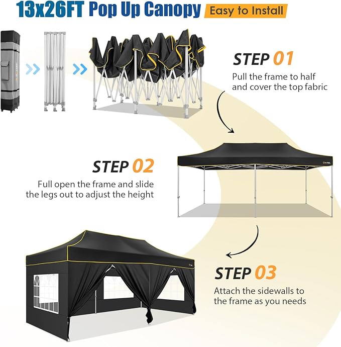 HOTEEL 13x26 Pop up Canopy Tent for Parties, Heavy Duty Easy Setup Tent with 6 Sidewalls, Outdoor Commercial Instant Gazebo for Wedding Event, with Roller Bag & Sand Bags, Black(Hexagonal Frame)