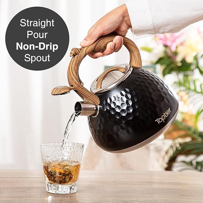Tea Kettle, Toptier Teapot Whistling Kettle with Wood Pattern Handle Loud Whistle, Food Grade Stainless Steel Tea Pot for Stovetops Induction Diamond Design Water Kettle, 2.7-Quart Black