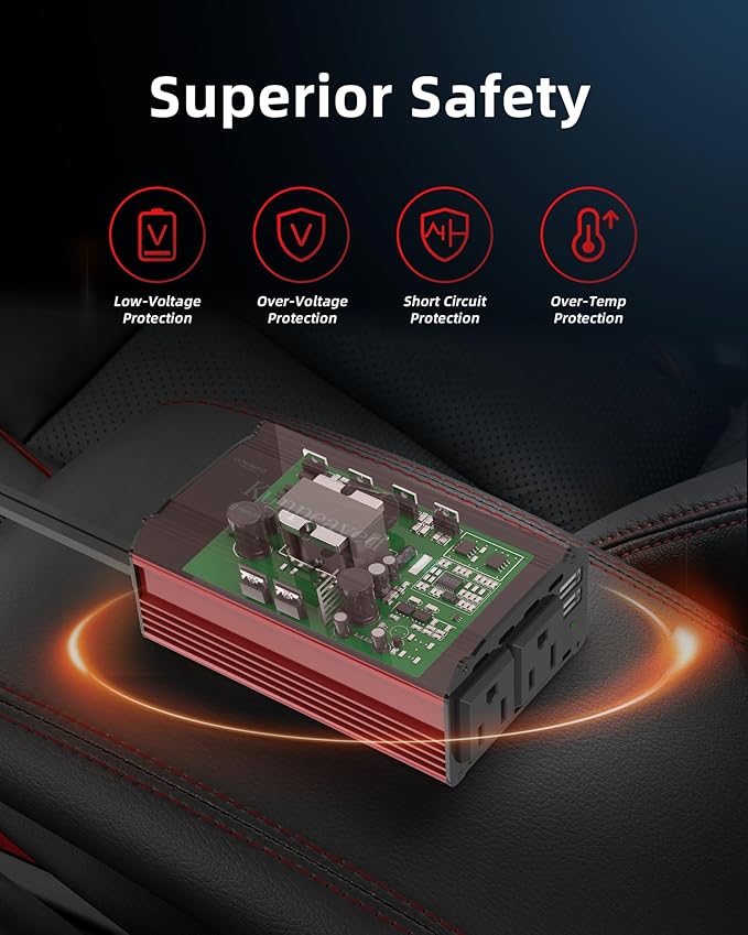 Power Inverter, Kunpeaved 300W Car Inverter DC 12V to 110V Charger Converter with Dual USB Ports and 2 AC Outlets for Air Compressor Laptops(Red)
