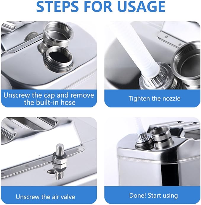 2.5 Gallon Metal Water Can 304 Stainless Steel Water Container with Flexible Spout/Nozzle System Pressure Relief Valve Safety Configuration for ATV UTV SUV MPV and Off Road Camping (10 Litre)