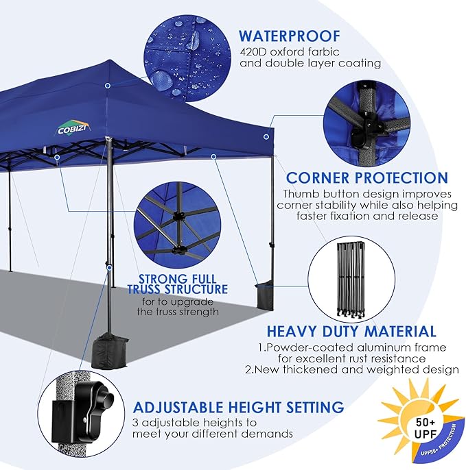 COBIZI 10x30 Pop up Canopy, Heavy Duty Outdoor Party Tents for Parties, Ez up UPF 50+ Waterproof Commercial Canopy with Wheeled Bag can fold, Dark Blue
